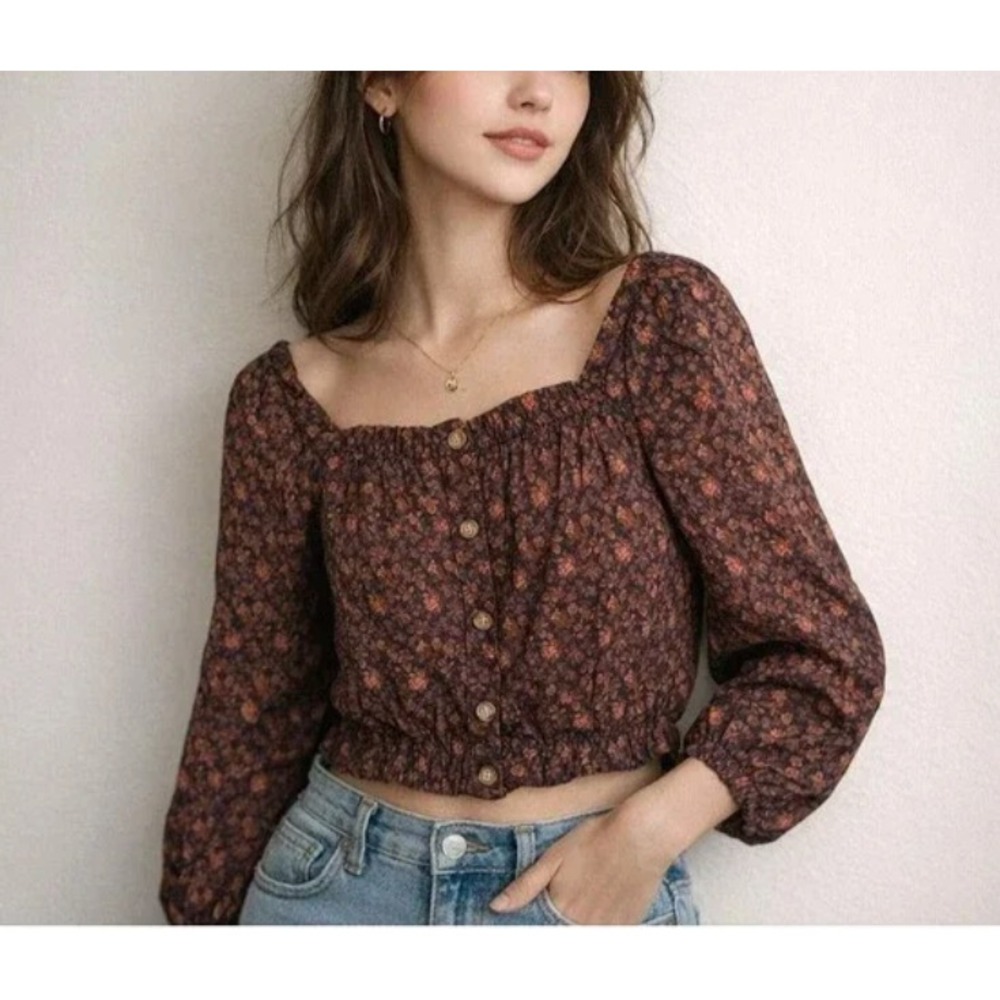 Madewell Top Womens Puff Sleeve Crop Orchard Floral Sz L Cottage Prairie Fall
